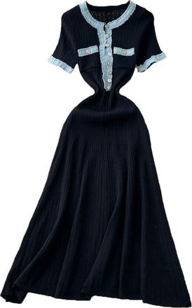 Generic Womens Patchwork Long Denim Dress Crewneck Short Sleeve Dress Splicing Slim Knitted Dress Black One Size