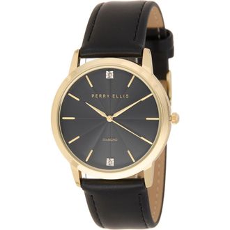 Perry Ellis Diamond Ultra Thin Faux Leather Strap Watch, 40mm in Gold at Nordstrom Rack