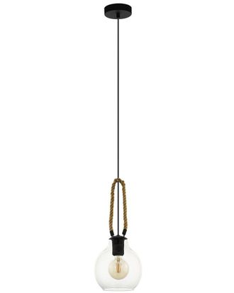 Eglo Eglo Roding 1 Light Pendant With Black Finish, Brown Roping & Clear Glass Shade