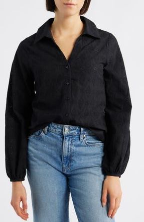 Bobeau Embroidered Eyelet Cotton Button-Up Shirt in Black at Nordstrom Rack, Size X-Large