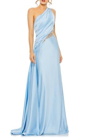 Mac Duggal Womens One Shoulder Charmeuse Gown With Beaded Cutout in Powder Blue at Nordstrom, Size 12