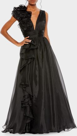 Mac Duggal Sleeveless Deep V-Neck Ruffle Gown