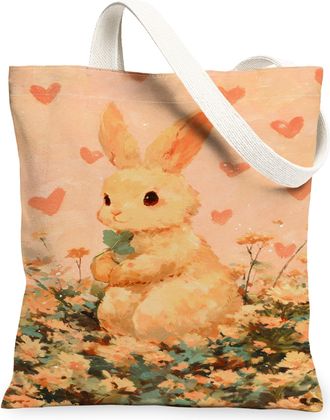 Generic Cute Rabbit Canvas Tote Bags, Bunny Floral Pattern Reusable Grocery Bags, Spring Vintage Lightweight Washable Shoulder Stra, Peach, 13x15 Inch