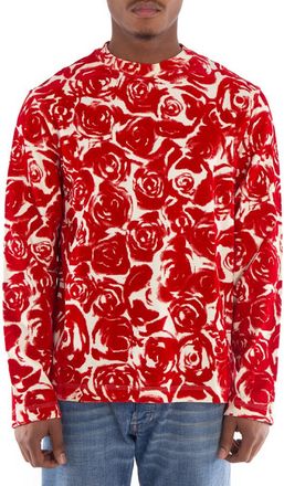 Burberry Rose-Print Long Sleeve Cotton Top, Size Small