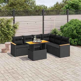 vidaXL Set De Comedor De Jard&iacute;n 7 Pzas Y Cojines Rat&aacute;n Sint&eacute;tico Negro Vidaxl
