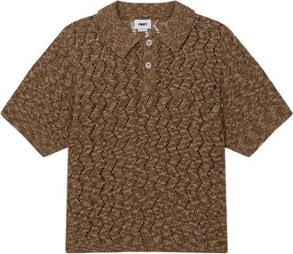Obey Gehaakte polo trui met korte mouwen - toffee bruin - Heren - Ronde hals truien - Bruin - S - Katoen - Truien & Vesten