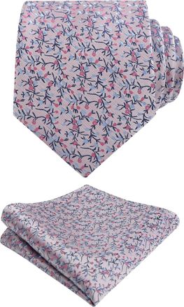Alizeal Mens 8cm Floral Tie Wedding Party Classic Colorful Necktie with Hanky Set, Pink+Blue