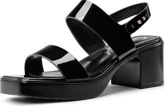 Castamere Womens Square Toe Chunky Block Heel Platform Ankle Strap Sandals Dress Casual Party Patent Leather Shoes 6.5 CM Heels Black 6.5 UK