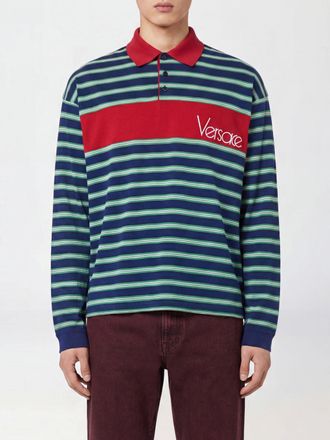 Versace Polo a maniche lunghe in cotone a righe con colletto a costine