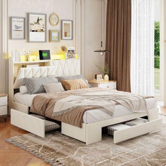 OEM Estructura De Cama 160x200 Cm De Terciopelo Beige Con Led Multicolor, Usb/type-c Y Cajones - Somier Incluido