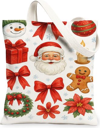 Generic Christmas Canvas Tote Bags, Holiday Pattern Reusable Grocery Bags, Vintage Lightweight Washable Shoulder Strap for Shopping, White, 13x15 Inch