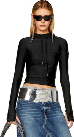 Diesel Hoodie in shiny stretch nylon - T-Shirts - Woman - Black