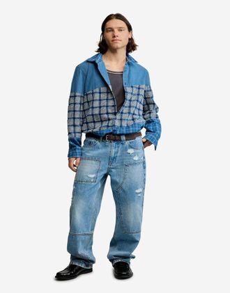 Desigual Camicia blu a quadri con toppe-Blu navy