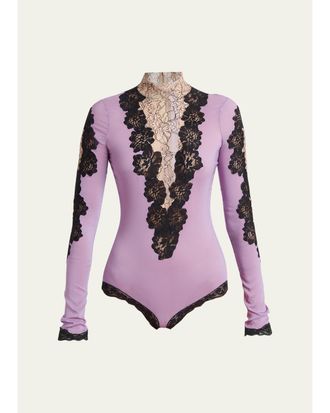 Valentino Garavani Lace & Jersey Turtleneck Bodysuit