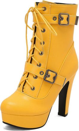 Generic Womens Front Lace Up Mid-Calf Combat Boots with Platform, Chunky Heel,Buckle Straps,Yellow,6.5 UK