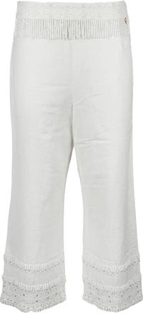 Twin-Set Cropped White Trousers with Fringe and Lace Detailing