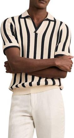 Reiss Duncan Texture Stripe Polo Sweater in Off White/Navy at Nordstrom Rack, Size X-Large