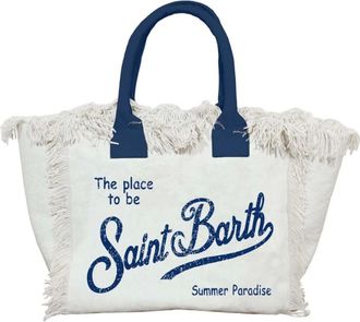 MC2 Saint Barth Tote Bags, female, White, Size: ONE SIZE Fringed Cotton Canvas Bag with Logo