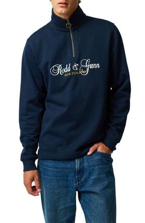 Rodd & Gunn Jubilee Embroidered Logo Cotton French Terry Quarter Zip Pullover in Eclipse at Nordstrom, Size Xxx-Large