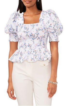 Chaus Puff Sleeve Smocked Peplum Top in White/Pink/Blue at Nordstrom, Size Medium