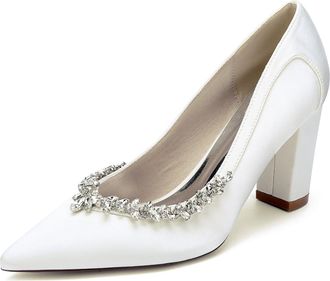Generic Womens Chunky Heels Pumps Bridal Rhinestones Pointed Toe High Heels Wedding Party Dress Slip on Pumps Shoes 8.5Cm,Ivory,10 UK