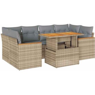 vidaXL 6 Piece Garden Sofa Set with Cushions Beige Poly Rattan Acacia Vidaxl