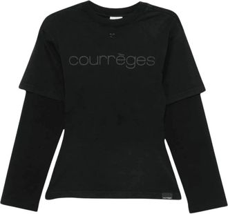 Courr&egrave;ges Tops, Dames, Grijs, S, Katoen, Logo Print Double Sleeves T-Shirt
