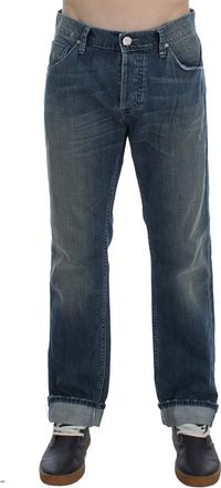 Acht Mens Distressed Straight Jeans - Blue Cotton - Size 34 (Waist)
