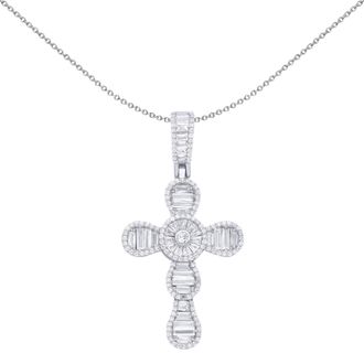 Jewelco London Silver Baguette CZ Art Deco Raindrop Sunburst Cross Pendant