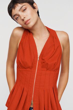 Maeve Viki Corduroy Zip-Front Peplum Top