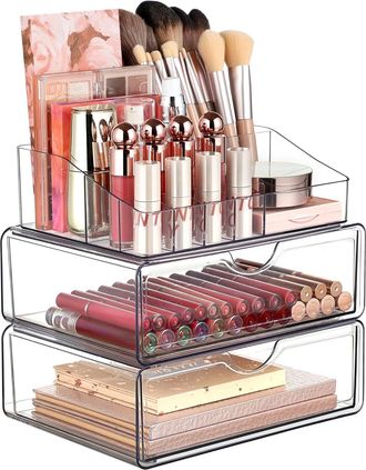 OEM Organizador Transparente De 3 Niveles + Caj&oacute;n, Soporte De Belleza Para Pintalabios, Productos Para El Cuidado De La Piel Y Brochas: Pr&aacute;ctico Para Usar