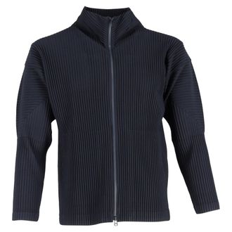 Issey Miyake Homme Pliss&eacute; Issey Miyake Pleated Zip-Up Cardigan in Navy Blue Polyester