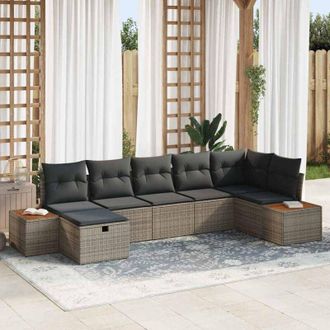 vidaXL Conjunto De Sof&aacute; De Jard&iacute;n Con Coj&iacute;n 7 Pcs Gris Rat&aacute;n Sint&eacute;tico