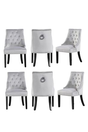 Life Interiors Set of 6 Windsor Knocker Back Velvet Dining Chairs Solid Wood Legs in Light Grey