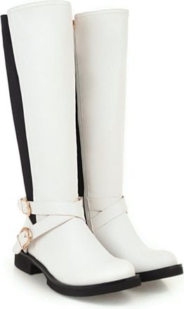 Generic Womens Knee High Riding Boots with Buckle Detail & Elastic Panel, Comfortable Block Heel for Daily Wear & Outdoor,White,6.5 UK