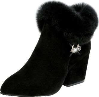 Generic Winter Ladies Fashion Suede Pointed Toe Ankle Boots with Rhinestone Decorations and Thick High Heel for Warm Comfortable Wear (Black, 5. 5)