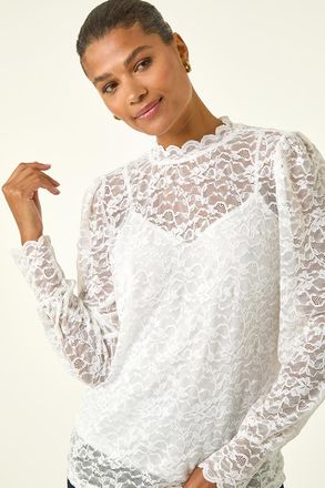 Roman Lace Frill High Neck Stretch Top