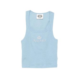 Sporty & Rich Rhinestone Logo Ribbed Crop Top - Dames - Tops zonder mouwen - Blauw - S - Tops