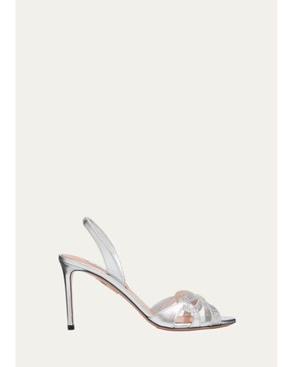 Aquazzura 85mm Metallic Leather Crystal Ribbon Kiss Slingback Sandals