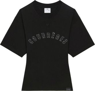 Courr&egrave;ges Zwart Logo Print Top Wijde Mouwen - Dames - T-shirts - Zwart - S - Tops