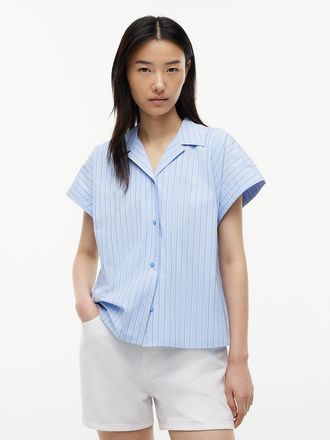 Tommy Hilfiger Womens Striped Poplin Camp Shirt - Vessel Blue - XL