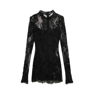 Blumarine Geborduurde Midi Jurk met Kant Overlay - Dames - Jurken - Zwart - Maat: 2XS Leer