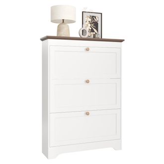STILVORA Armario Zapatero Con 3 Abatibles, Encimera Marr&oacute;n Y Tiradores Redondos, Estilo R&uacute;stico, En Mdf, Blanco, 87&times;26&times;120 Cm