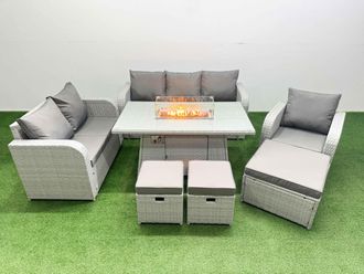 Fimous Patio PE Wicker 9 Seater Outdoor Rattan Furniture Sofa Sets w/ Firepit Dining Table Reclining Chair Loveseat Sofa 3 Seater Sofa Stool Light