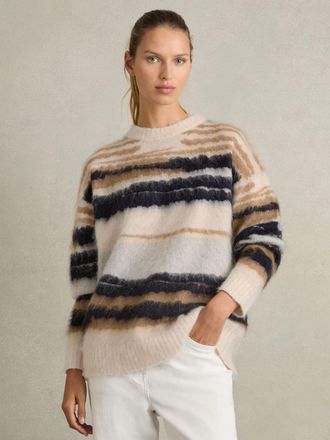Reiss Emily Cream & camel Striped Crew-neck Jumper With Mohair, M, Navy & camel