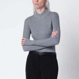 Victoria Beckham Georgia Grey Marl Ribbed Merino Wool Sweater
