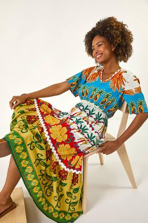 Roman Tropical Print V-Neck Maxi Dress