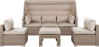 Beliani Conjunto De Jard&iacute;n Al Aire Libre Sof&aacute; De Rat&aacute;n Sint&eacute;tico Beige Marr&oacute;n Claro Con Dosel Y Cojines Sillas Reposapi&eacute;s De Dise&ntilde;o Moderno Coccolia