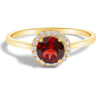 House of Brilliance 10K Gold Gemstone and 1/10 Cttw Diamond Halo Birthstone Ring in Yellow | Red Garnet at Nordstrom, Size 6.5