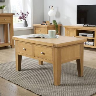Home Source Industries Melbourne Solid Wooden 2 Drawer Coffee Table Metal Handles Oak Top in Light Oak